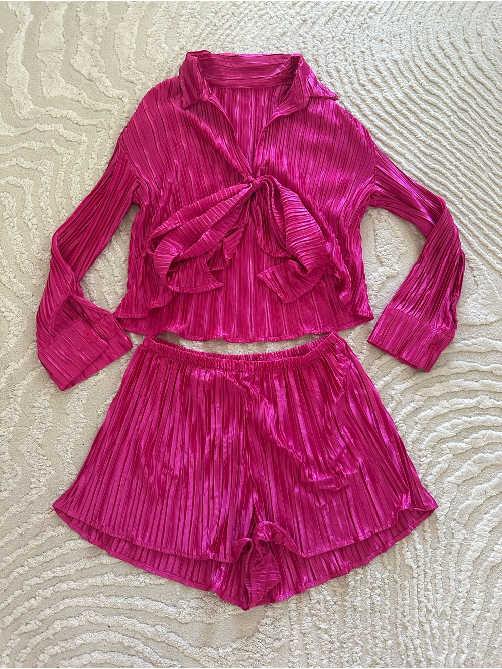 Women's Fuchsia Pleated Tie-Front top and short Set